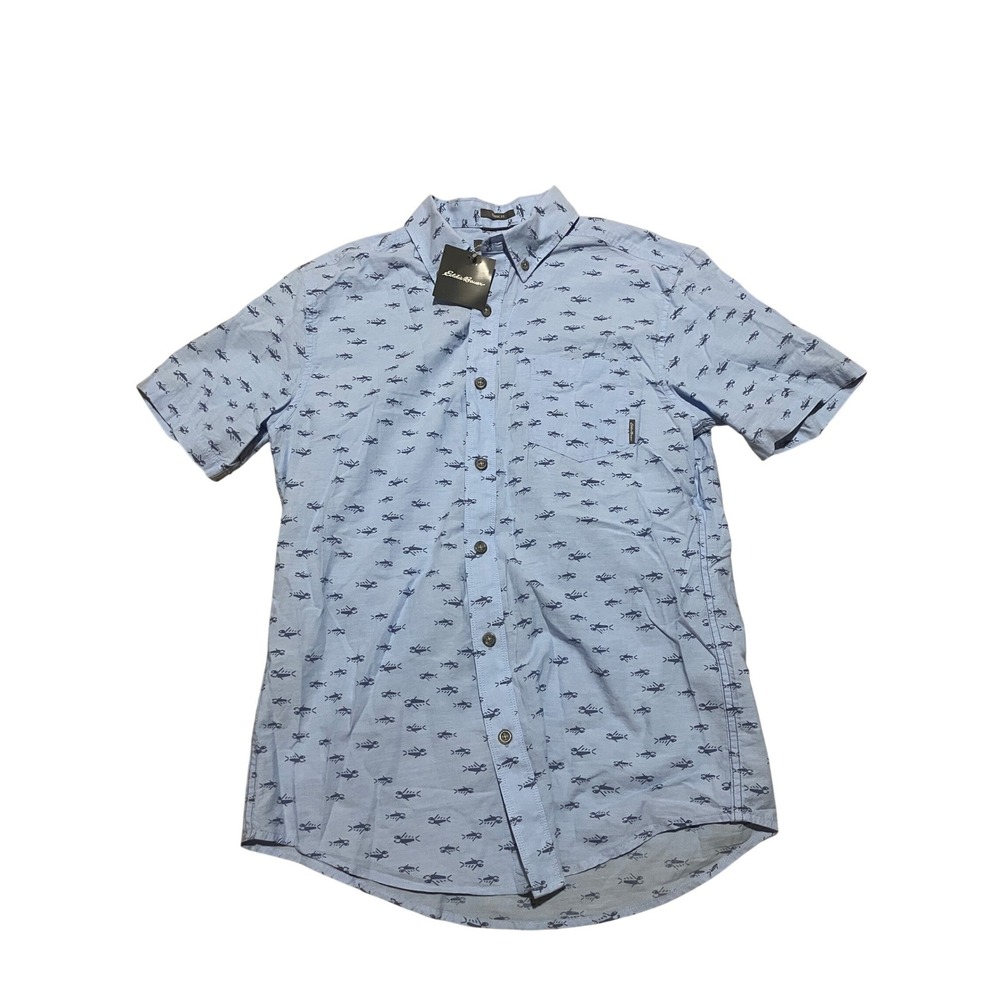 Eddie Bauer Mens Baja Shirt Small Blue Fish Skeleton Print Short Sleeve NWT 7032